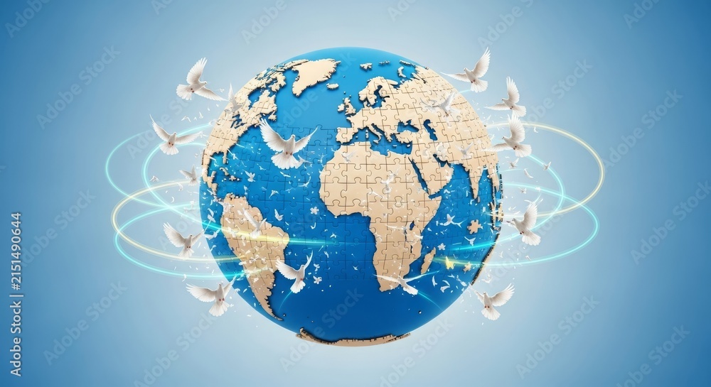 Naklejka premium A spherical world map formed by puzzle pieces transforming into white doves, featuring blue gradient oceans, beige land, and glowing trails, puzzle, pieces, solidarity