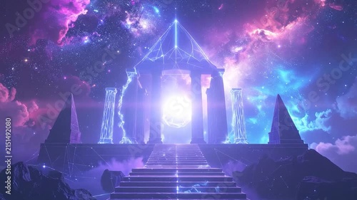 Ancient temple steps leading to a glowing cosmic orb.