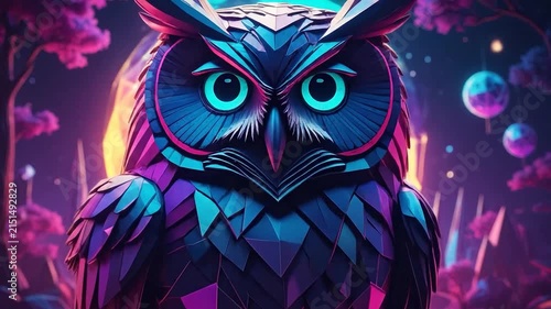 Stylized digital art of owl against glowing moon.