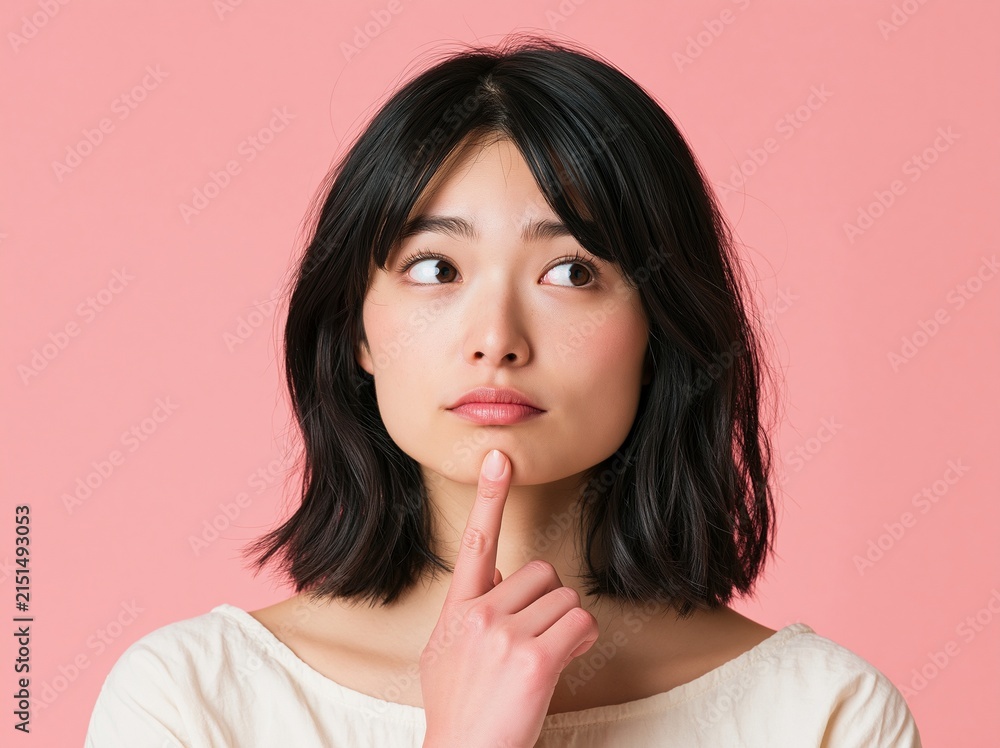 Fototapeta premium ピンクの背景で人差し指を顎に当てて可愛らしく悩む仕草をする女性