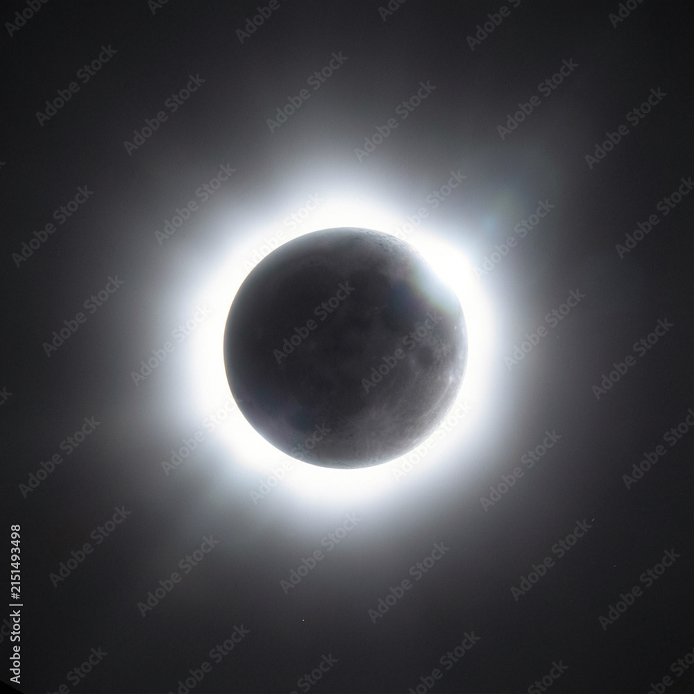 Naklejka premium Solar eclipse with glowing corona ring around dark moon in black sky