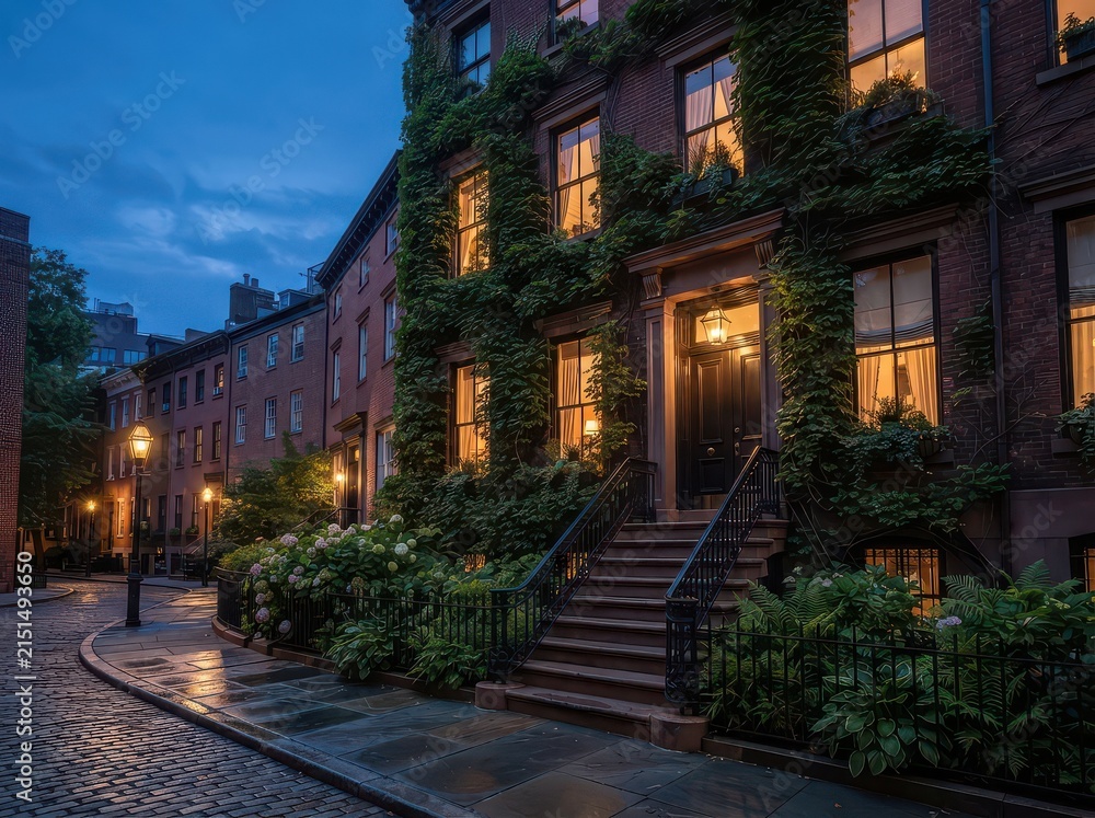 Fototapeta premium Ivy covered brick townhouse on curved wet street at dusk