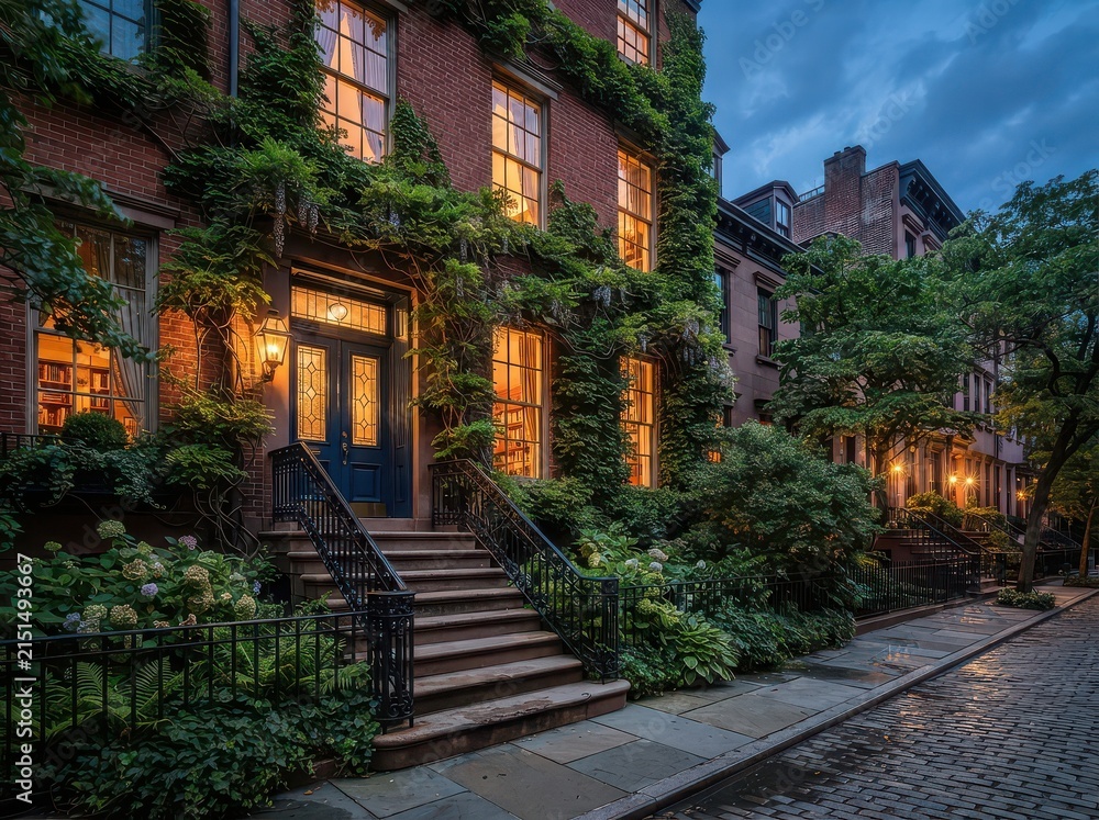 Fototapeta premium Ivy covered brick townhouses with lit windows on cobblestone street at dusk