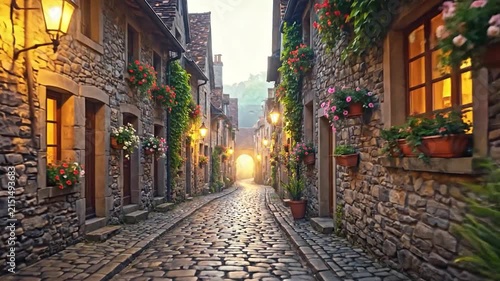 Charming stone village street with evening lights.