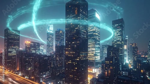 Night city skyline with digital light rings and bridge.