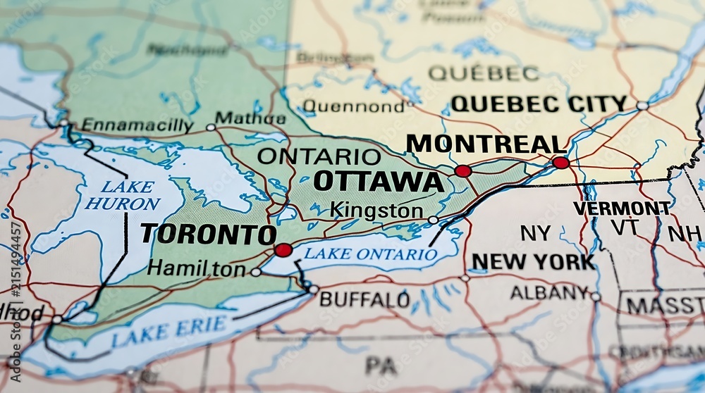 Obraz premium Map details highlight the geographical locations of major Canadian cities and regional landmarks.