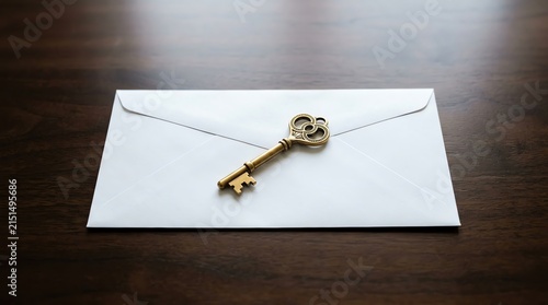 Vintage golden skeleton key resting on a pristine white envelope on a dark wooden background, symbolizing mystery and hidden secrets