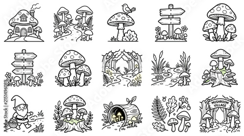 Whimsical Mushroom Village Clipart Set Gnome Houses Forest Scenes Isolated Elements