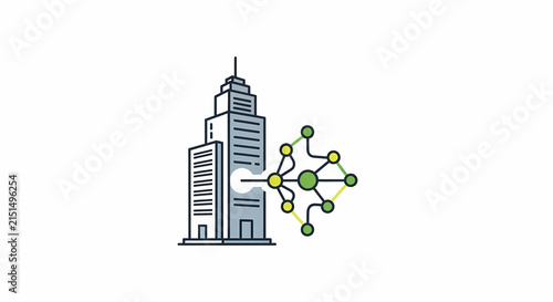 Modern skyscraper building with network connection and data transfer concept.