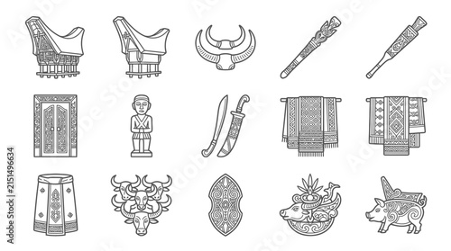 Torajan Culture Icons Traditional Houses Buffalo Horns Tools Figures Weapons Textiles Pig Isolated Vector Set