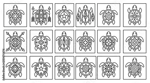 Tribal Turtle Icons Set Native American Inspired Symbols Geometric Patterns on Animal Shapes Isolated Vector Illustrations