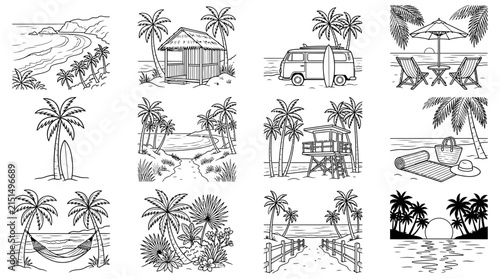 Tropical Beach Scene Collection Hand Drawn Line Art Illustrations of Paradise Surfing and Relaxation