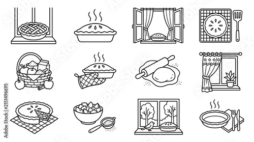 Vector Icons Set Baking Pie Apple Basket Dough Rolling Pin Window Scenes Cozy Autumn Comfort Food Desserts