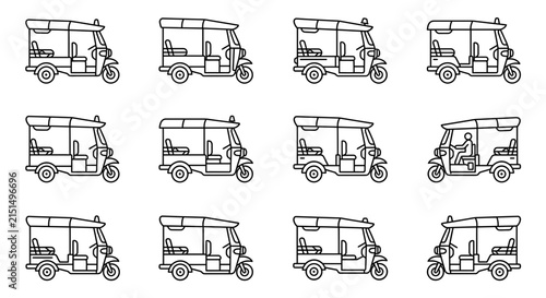 Tuk Tuk Icon Set Traditional Asian Auto Rickshaw Vector Illustrations on Transparent Background