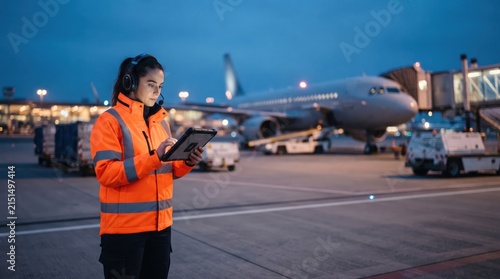 Aviation ground crew member in bright orange jacket using tablet for communication near airplane at dusk in airport setting