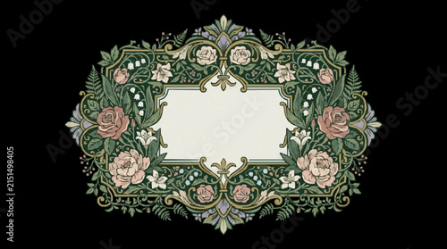 Vintage Ornate Floral Frame with Pink Roses, Lily of the Valley, and Ferns on Black. Victorian Art Nouveau Border with Central White Text Space for Invitation or Label Design.