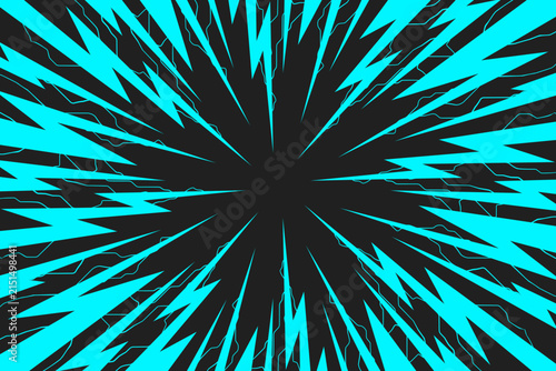 Abstract blue comic book speed lines explosion. Futuristic cyan lightning flash anime zoom effect background