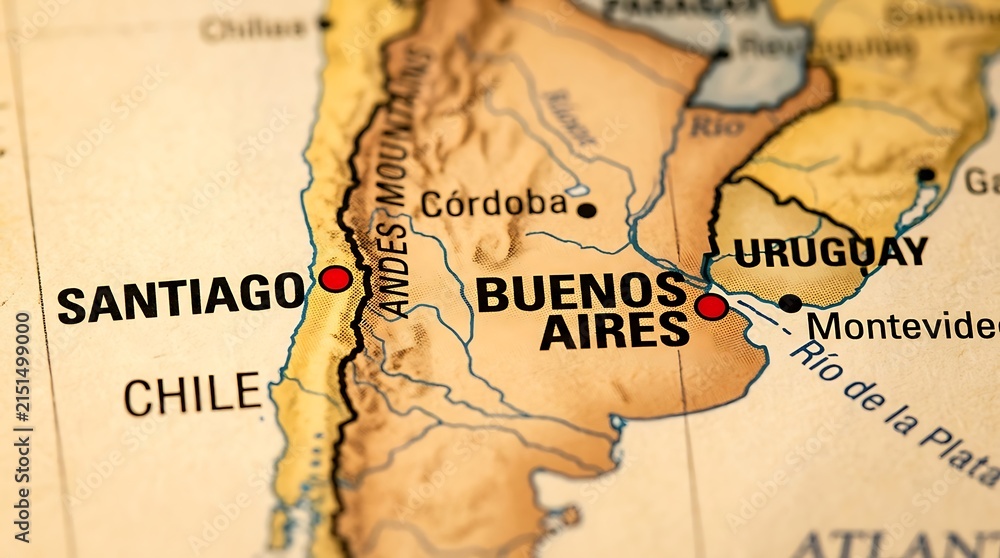 Obraz premium Chile map highlights the narrow coastal nation along the Andes mountain range in South America.