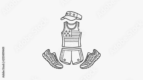 Vector line art illustration of a patriotic American running kit featuring a visor, tank top with stars and stripes, athletic shorts, and sneakers on a plain white background.