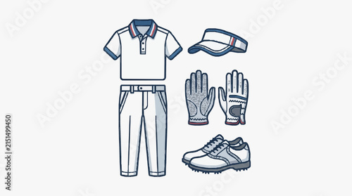 Flat vector illustration of professional men's golf clothing set including white polo shirt with blue trim, trousers, sun visor, leather gloves, and spiked shoes on white background.