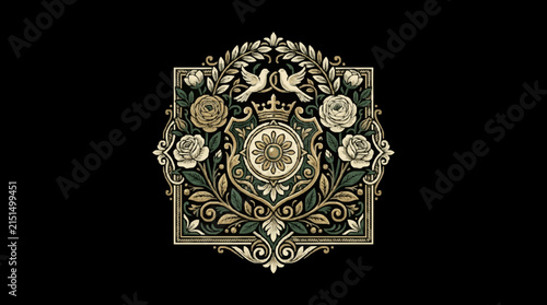 Ornate vintage heraldic crest illustration featuring a central crown, two white doves, and blooming roses within a decorative square frame on a solid black background.