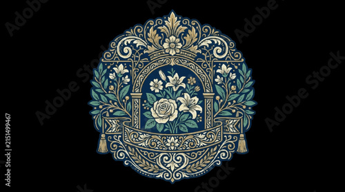 Circular vintage floral emblem featuring a central cream rose and lily bouquet, surrounded by intricate baroque scrollwork, acanthus leaves, and symmetrical botanical patterns on dark blue.