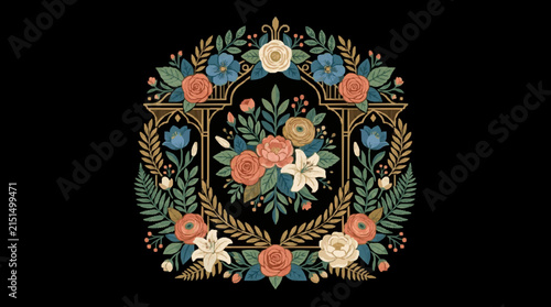 Elegant vintage floral illustration featuring a symmetrical arrangement of peach roses, white lilies, and blue flowers inside a gold architectural frame on a solid black background.