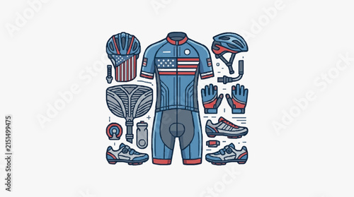 Vector illustration of professional cycling gear set including jersey, bib shorts, helmet, gloves, and shoes featuring USA flag patriotic design and colors on white background.