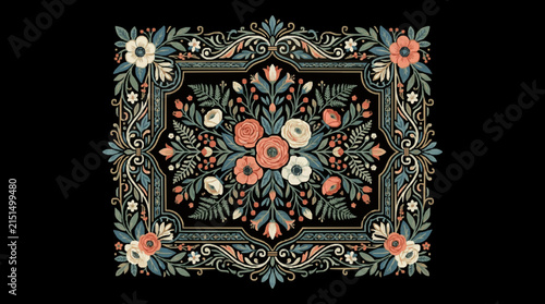 Symmetrical vintage floral frame with central bouquet of roses, anemones, and ferns in muted coral and sage tones on a black background, ornate botanical border illustration for decor.
