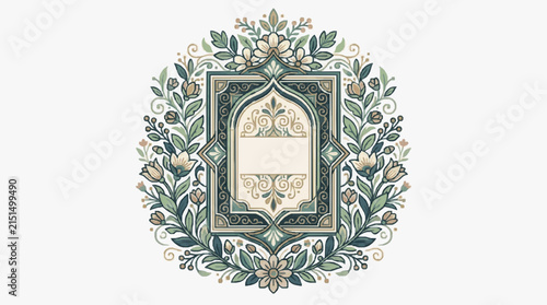 Ornate Islamic floral frame illustration with a central arched window motif, surrounded by a symmetrical wreath of teal and green leaves and beige flowers on a white background.