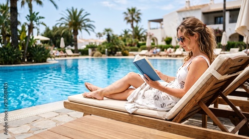 Woman relaxing on a lounge chair reading a book by a sparkling blue swimming pool on a sunny day
