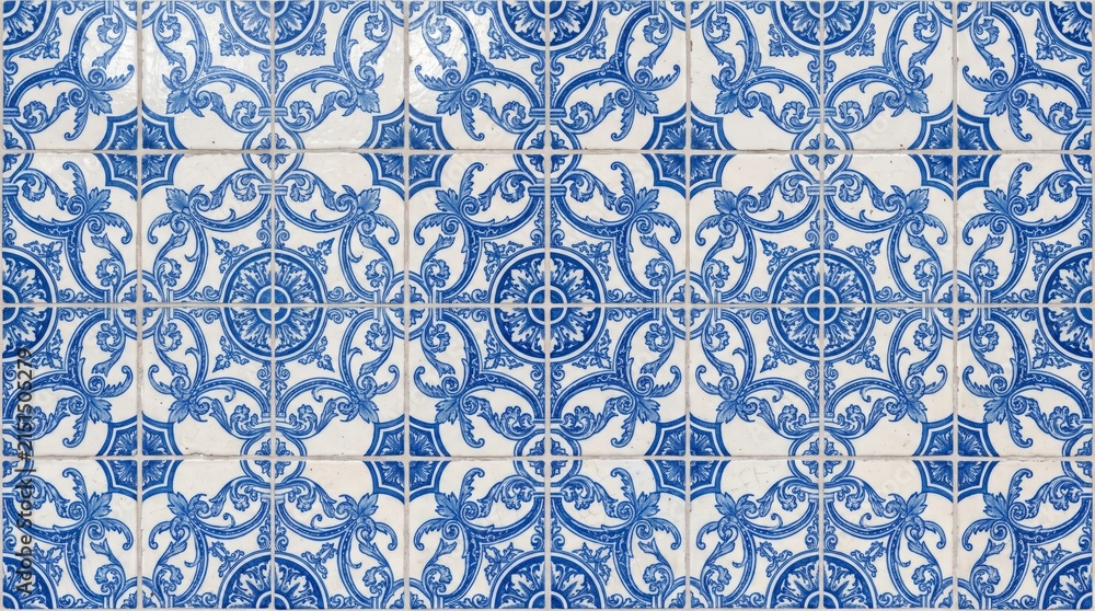 Fototapeta premium Traditional blue and white ceramic tiles with intricate floral pattern wall background