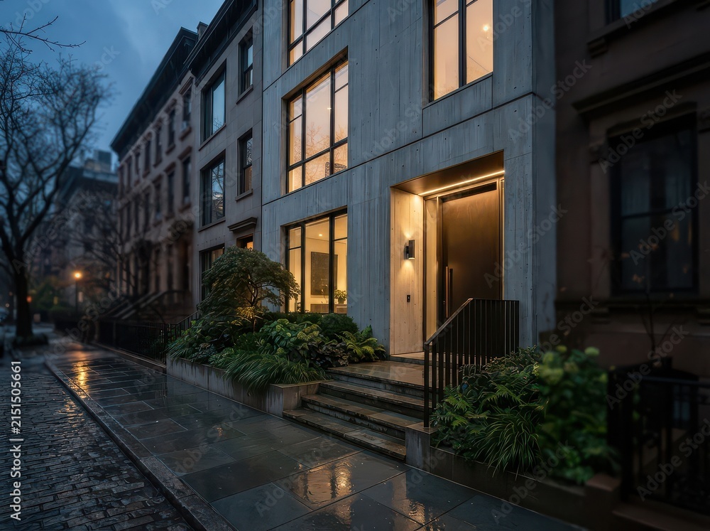 Fototapeta premium Modern townhouse entrance at dusk with concrete facade wet sidewalk and lit windows