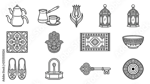 Traditional Turkish Cultural Icons Collection Tea Coffee Tulip Lanterns Rug Hamsa Bowl Slippers Fountain Key