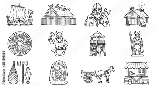 Viking Era Icons Set Longship Warrior Buildings Forge Rune Stone Cart Shield Fishing Gear Market Stall
