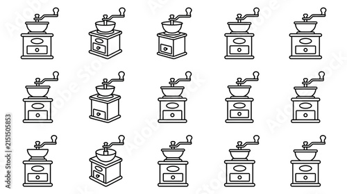 Vintage Coffee Grinder Icons Set Retro Manual Mill Design Kitchenware Outline Collection