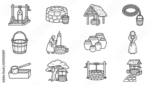 Vintage Water Well Illustrations Collection of Rural Water Sources Buckets and People Drawing Water