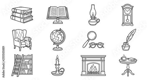 Vintage Study Objects Collection Books Globe Armchair Lamp Fireplace Clock Magnifying Glass Quill Inkwell Candle