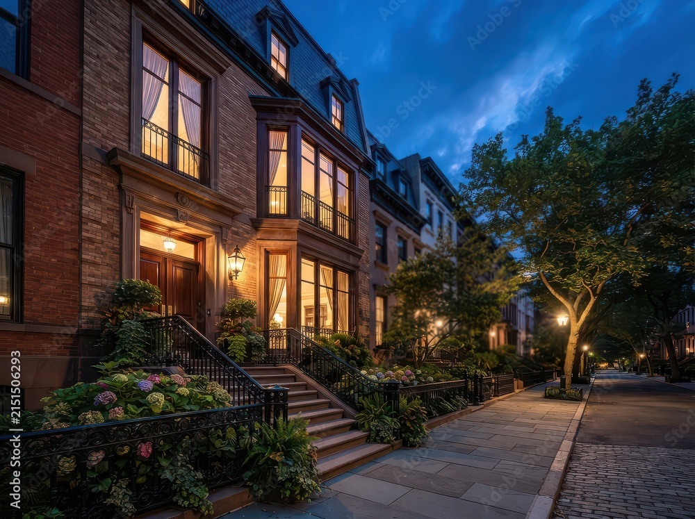 Fototapeta premium Brick row houses at dusk with lit windows and cobblestone street