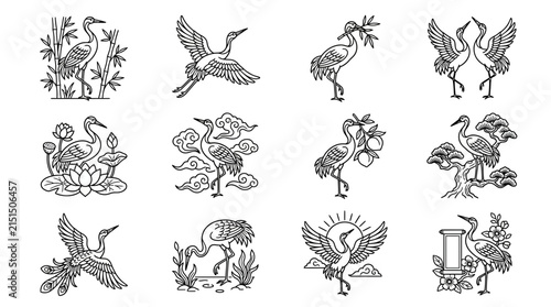 Elegant Crane Illustrations Set of 12 Traditional Asian Bird Designs on Transparent Background