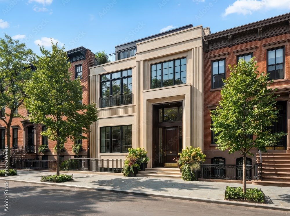 Fototapeta premium Modern townhouse facade between brick row houses with sidewalk trees
