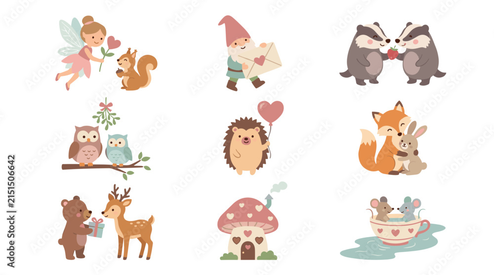 Fototapeta premium Cute cartoon animal icons set: fairy, gnome, badgers, owls, fox, bear, deer, hedgehog, mice