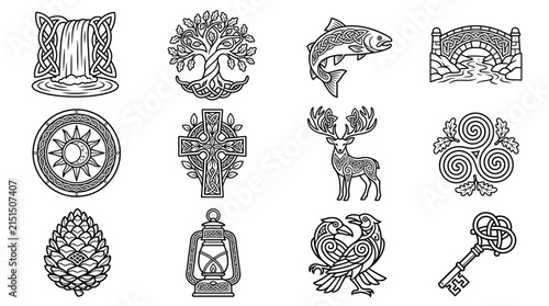 Set of Celtic Knots and Symbols Waterfall Tree of Life Salmon Bridge Sun Cross Deer Triskele Pinecone Lantern Raven Key