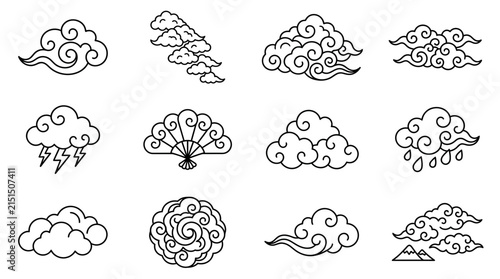 Set of Asian Style Clouds and Weather Icons Isolated Line Art Collection