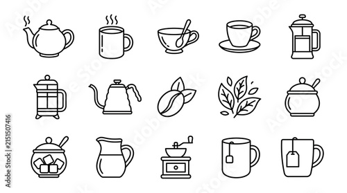 Set of Coffee and Tea Icons Isolated Line Art Illustrations on Transparent Background