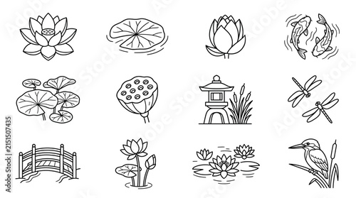 Set of Japanese Garden Icons Lotus Flowers Koi Fish Dragonflies Bridge Pagoda Kingfisher Bird Isolated Black and White Line Art