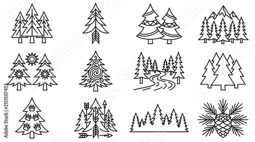 Set of stylized christmas trees and pine trees icons isolated on white background vector illustration