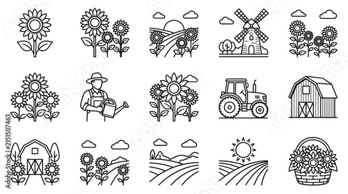 Sunflower Farm Icons Collection Isolated Outline Graphics for Agriculture Harvest and Rural Life
