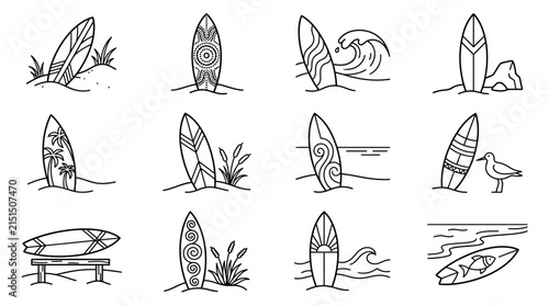 Surfboard Collection Isolated Line Art Icons Beach Ocean Waves Seagull Palm Trees Bench