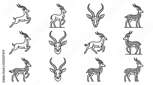 Set of Stylized Antelope Icons and Illustrations on Transparent Background Vector Art